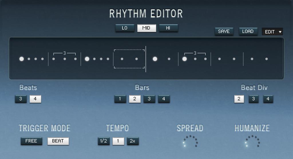 9 RHYTHM EDITOR Live Strings rhythm samples (as found in the sample selection menus on the EXPERT page) were performed live for a natural sound where no two adjacent notes are exactly the same and