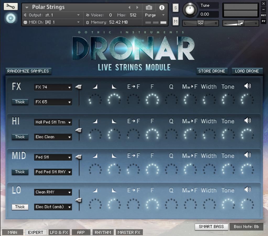 6 EXPERT PAGE The EXPERT PAGE shows you all the settings for the current, last played Drone from the 12 Drone Keys (the drone-selecting low F0 to E1 octave).