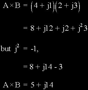 So for example, multiplying together our two vectors from above of A = 4 + j1 and B = 2 + j3 will give us the following result.