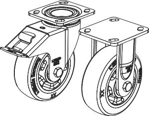 Swivel caster mounted on a ''double way'' ball bearing rolling system. Resistant to temperatures 25 C & +70 C.