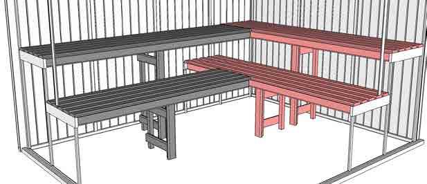 If there are more than one bench at either level install the full length benches (rail to rail) first. iv.