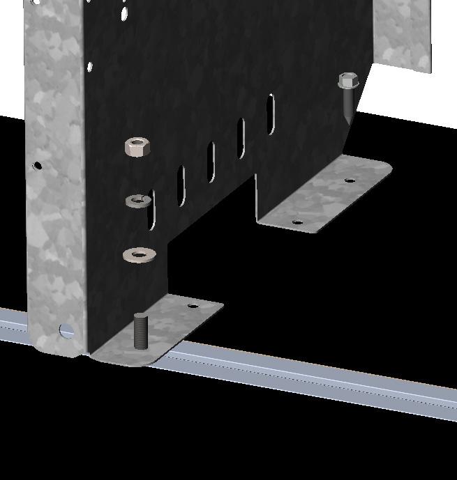Install the shelving unit to the floor mounting track by sliding bolts in the mounting tracks, and putting screws in the last rear hole of the end panels of the shelving unit.