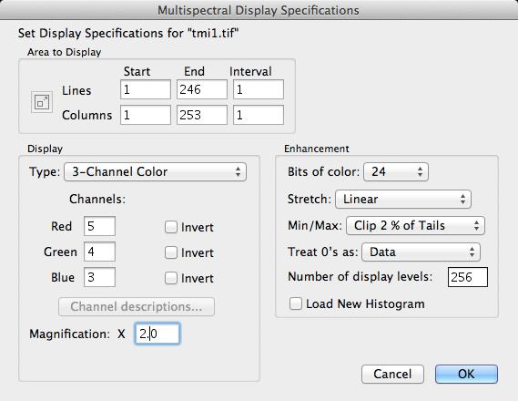 Figure 1: Multispectral Display Specifications dialog box for loading the tmi1.tif image. Your values for Line and Column in the Area to Display group may differ from the ones presented in the figure.