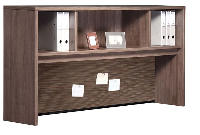 OVERHEAD STORAGE PAGE 14 This is a standard overhead hutch in Modern Walnut. A hutch sits on top of a desk s surface. It can span two desks.