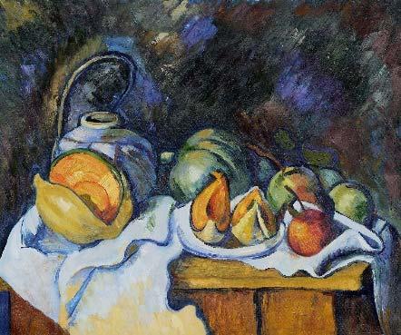 Still Life with Apples sold for more money because Cezanne is known for his apple paintings, not his melon paintings; the painting on the right is too dark; and the handle on the jug is