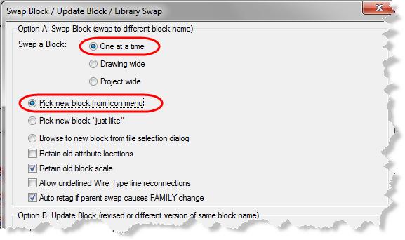 The dialog box has the three options: Option A allows you to swap to a different block name. Option B gives you the option to swap a block with another block which has the same block name.