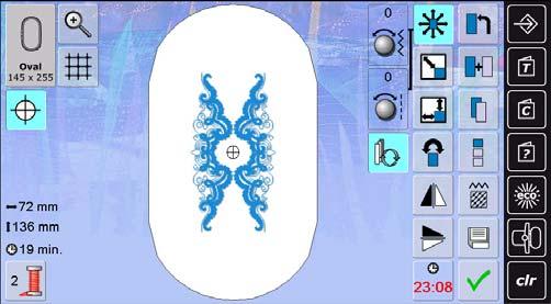 Choose the embroidery soft key and then choose design #10 from the design folder. Select the Endless Embroidery icon. Insert reference points at the lower left and right corners.