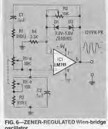 A slightly annoying feature of thermistor-stabilized circuits is that, in variable-frequency applications, the output amplitude of the sine wave tends to "jitter" or "bounce" as the frequency control