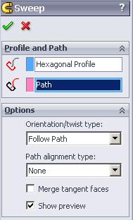 Options You are offered two options to select from. 1. Orientation/twist type Controls the orientation of the Profile it sweeps along the Path. as Selection options: Follow Path.