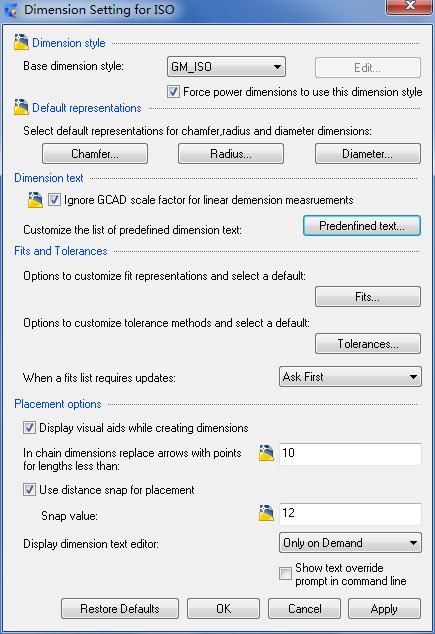 5. Click Remove. 6. Click OK until all dialog boxes close. Dimension Settings Dialog Box Use this dialog box to set preferences for Power Dimension commands for the current standard.