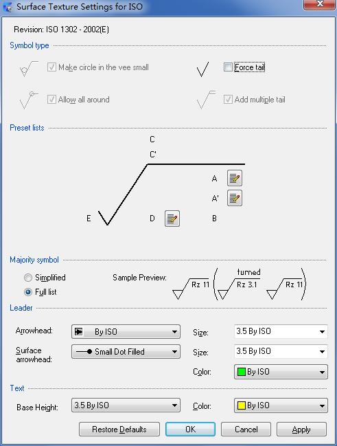 Force Tail: Controls the default state of the Force Tail button in the Surface Texture dialog box. This button controls the availability of a tail for symbols without text.