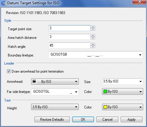 Datum Target Settings Dialog Box Use the Datum Target Settings dialog box to configure the default settings of datum target symbols for the current standard.