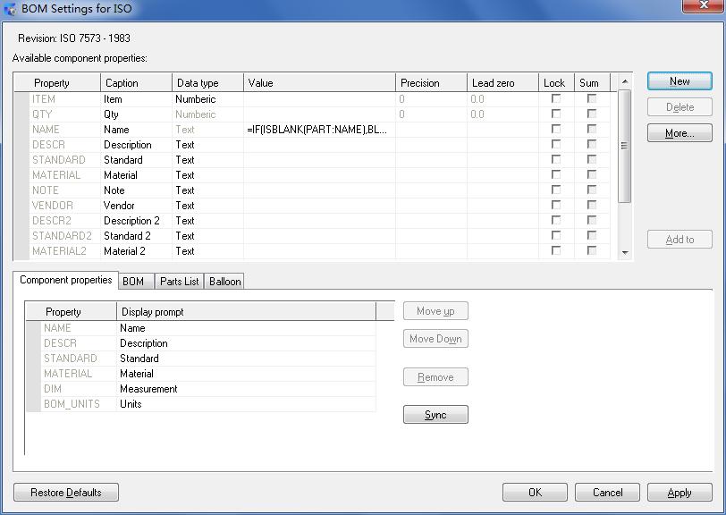 Revision Displays the name and the revision of the standard that controls the default settings of parts lists.