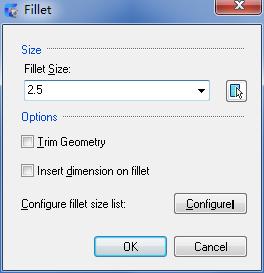 Fillet Dialog Box Size Fillet Size: Displays a drop-down list of common radii to select from. You may also enter a radius value.