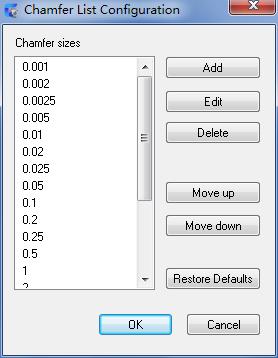 Chamfer Dialog Box Size First Chamfer Length: Displays a list of values that you can use to specify the distance of the first chamfer from the selected edge.