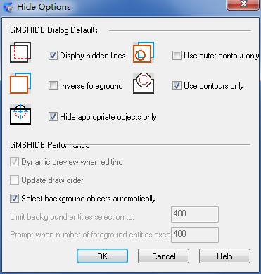 GMSHIDE dialog box defaults Display hidden lines Specifies that hidden lines appear as dashed lines by default. If you do not select this check box, hidden lines are not visible by default.