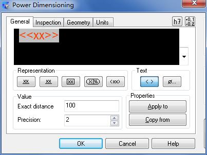 Power Dimensioning Dialog box General tab Dimension Symbol Displays a graphical representation of the current dimension text.
