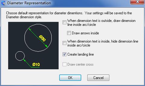 Diameter Dimension Options Dialog Box When dimension text is outside, draw dimension line inside arc/circle Draws a dimension line inside the circle or arc and places the text, arrowheads, and leader