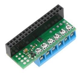 Three 2-pin, 5 mm terminal blocks are included for making easy motor and power connections to the board once they have been slid together and soldered to the six large through-holes.