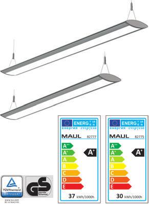 GS-symbol for checked quality, technical safety concept Made by MAUL Ceiling installation: installation as pendant, including steel cord suspension (1,5 m) Extremely low consumption: ultra-modern LED