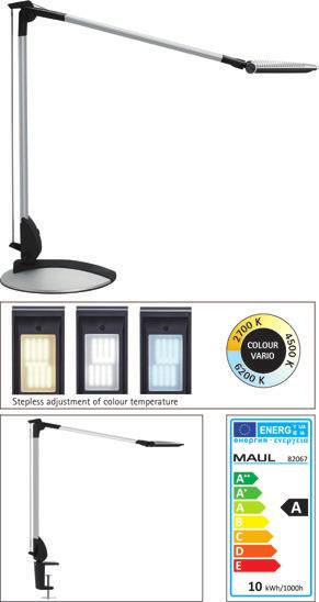 DESK LUMINAIRES LED Desk Luminaire MAULoptimus colour vario, dimmable The best in terms of quality, design and longevity Stepless adjustment of illuminance and colour temperature (2700-6200 Kelvin)