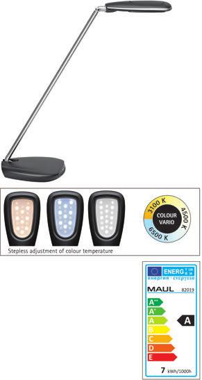 DESK LUMINAIRES LED Desk Luminaire MAULpulse colour vario, dimmable Well-equipped: stepless adjustment of the colour temperature (3100-6500 Kelvin), the illuminance can be adjusted via a 4 step