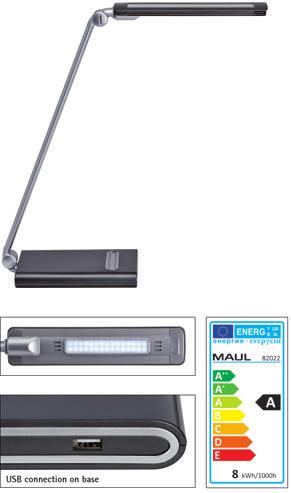 DESK LUMINAIRES LED Desk Luminaire MAULpure, dimmable Attractively priced dimmable product With integrated 5V, max 500 ma USB connection for charging eg smartphones Clever: illumination on the base