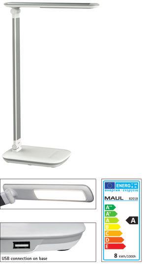 DESK LUMINAIRES LED Desk Luminaire MAULjazzy, dimmable Compact dimmable LED model for price-conscious customers With integrated 5V, max 500 ma USB connection for charging eg smartphones Elegant: arm