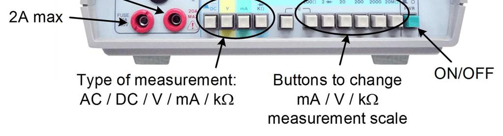 AC: Choose to perform AC (rms) value measurements. V: Set to Voltmeter (in Volts if the range button did not indicate another unit).
