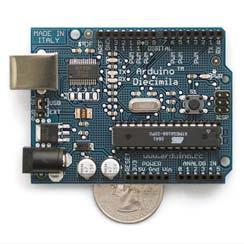Arduino Based on the AVR ATmega328p chip 8 bit microcontroller (RISC architecture) 32k flash for programs 2k RAM, 2k EEPROM, 32 registers 14 digital outputs (PWM on 6) 6 analog inputs Built-in boot