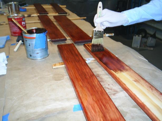 After applying the stain, you ll want to add two or more coats of polyurethane to protect the wood finish, sanding between polyurethane coats with 400 grit paper.