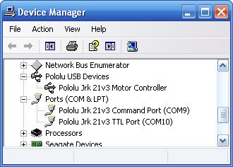 Windows XP device manager showing the Pololu Jrk 21v3 Motor Controller Windows Vista device manager showing the Pololu Jrk 21v3 Motor