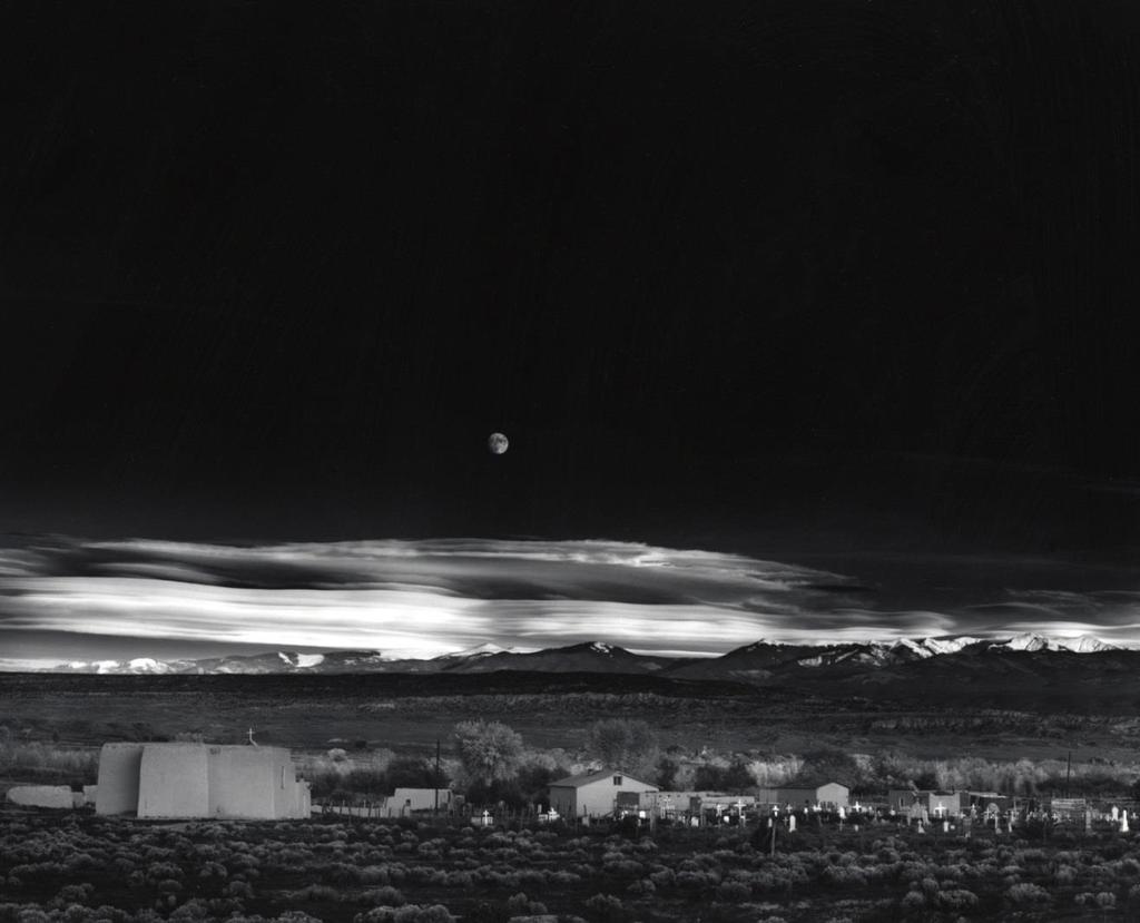 Ansel Adams, Moonrise, Hernandez, New Mexico, 1941. Gelatin Silver Print. Large parts of the sky are burned, so that they develop darker.