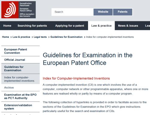 EPO Guidelines Index for sections related to computer-implemented inventions http://www.epo.org/law-practice/legal-texts/guidelines/cii-index.