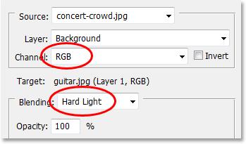 Photoshop Blend Photos: Setting the Channel option back to RGB and changing the Blending option to Hard Light.