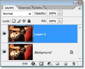 again in our Layers palette, we can see that we now have the original Background layer on the bottom, plus we have a copy of it, which Photoshop has named Layer 1, above it: Press Ctrl+J (Win) /
