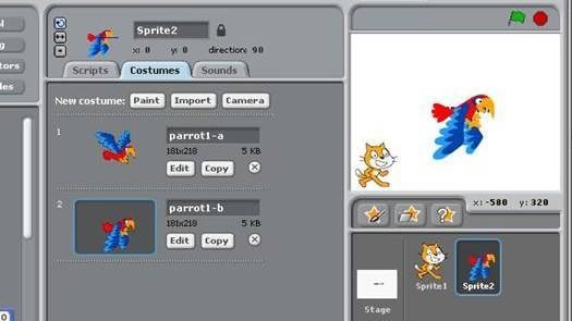 Add a second costume by clicking on the Import button. e. Choose the parrot1-b costume. f. 4.