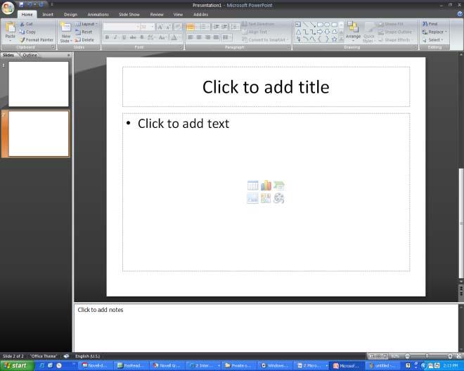 Text can be entered directly int the utline. The Slide tab shws thumbnails f each slide. Click n the desired slide t display it in the Slide Pane.