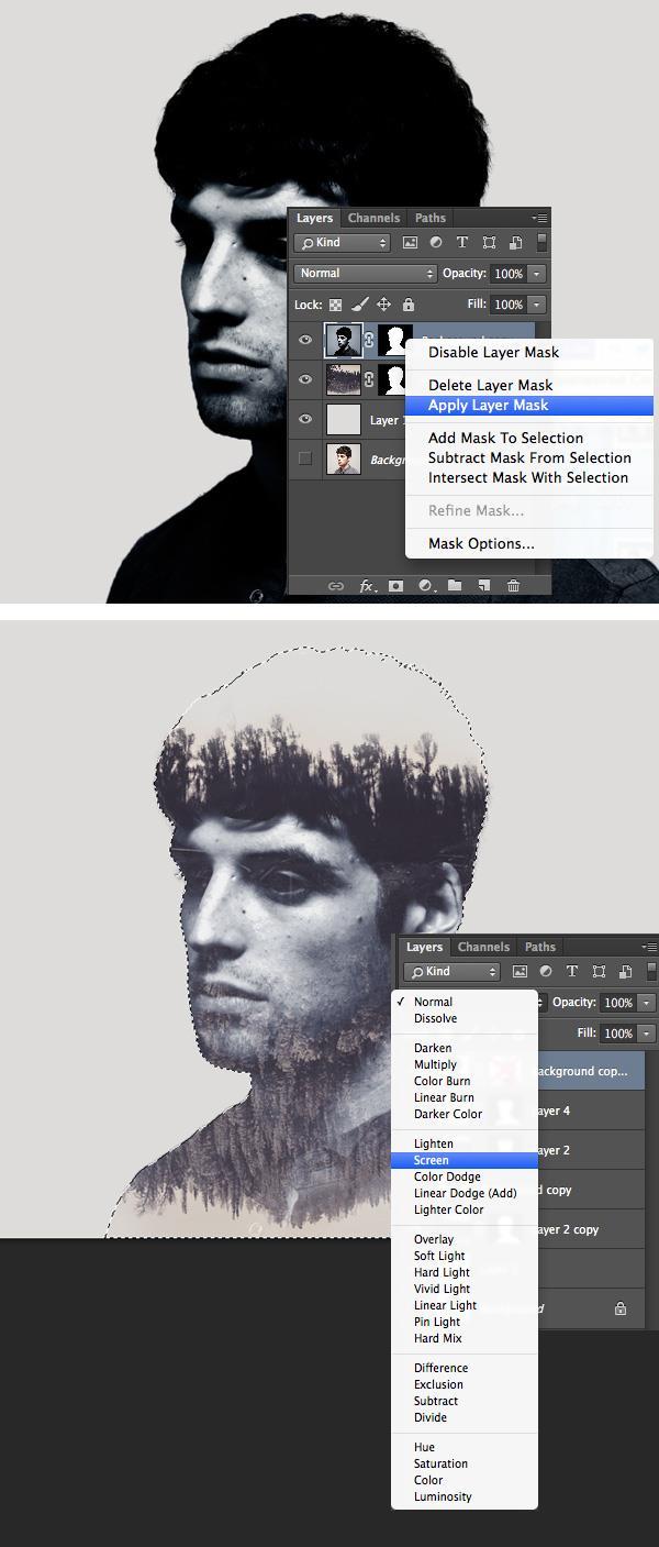 Step 6 Right-click on the portrait layer mask and we can Apply Layer Mask in the dropdown menu. Change the Blending Mode of the portrait layer to Screen in the Layers panel.