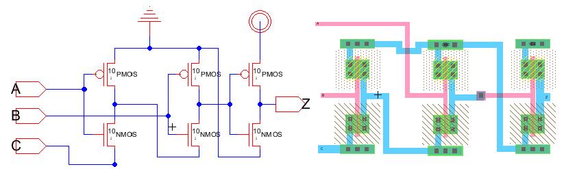 Fig.4 schematic and layout of 3-input NAND gate (GDI tech) Fig.8 schematic and layout of 4x1 MUX (GDI tech) Fig.