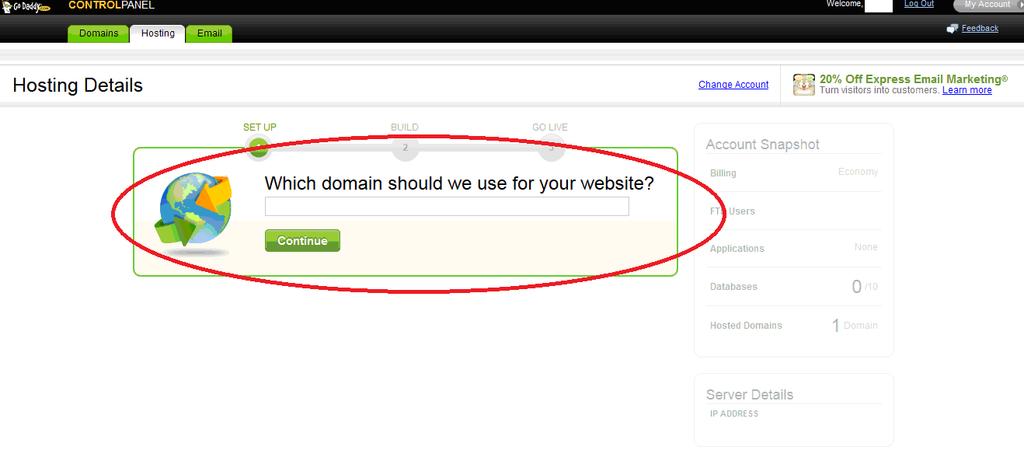 Web Hosting Set-Up #4. On the hosting details screen, select or enter the domain you will be using.
