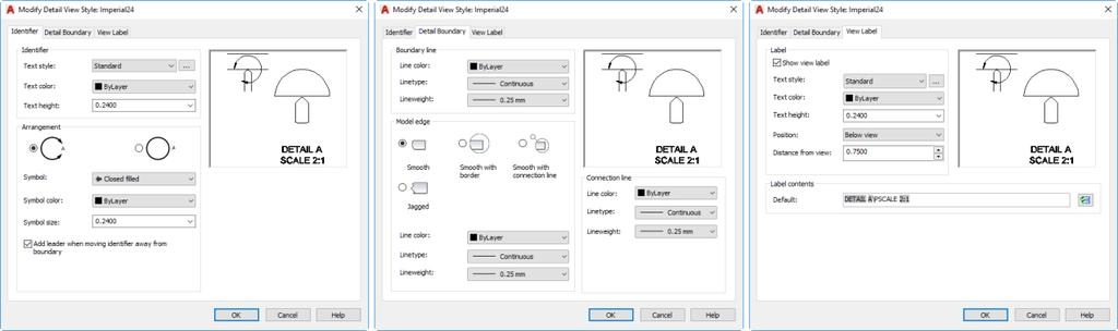 AutoCAD displays a Create New View Style dialog so that you can name the new style. Then, AutoCAD displays the New Detail View Style dialog. This dialog contains three tabs.