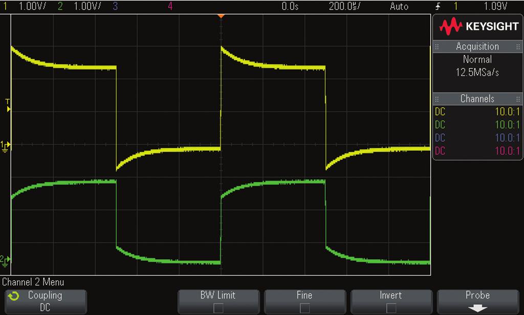 Figure 3 shows an example of the channel-1 probe (yellow waveform) over-compensated, and an example of the channel-2 probe (green waveform)