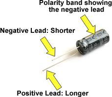 The electrolytic capacitors we use look like small cans, and have two leads. Snap-lock electrolytics are polarized, which means they have a positive and negative lead, and must be hooked up correctly.