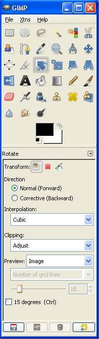 5. Go to the Gimp tool window and select the rotate tool with the settings set to Transform layer, Direction normal,