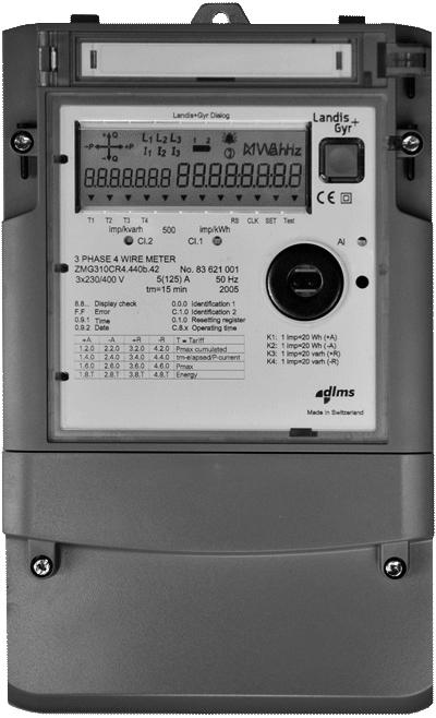 Electricity Meters IEC INDUSTRIAL+COMMERCIAL Landis+Gyr Dialog ZMG310AR/CR TECHNICAL DATA Frequency Nominal Frequency fn 50 or 60 Hz tolerance ± 2 % Mesurement Accuracy Accuracy ZMG310xR active