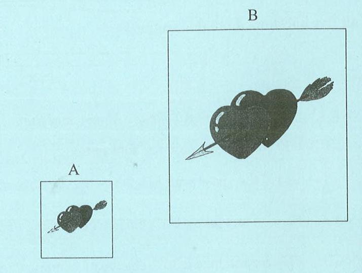 The ray method was used to enlarge a design for a Valentine card. The original is labelled A and the image is labelled B.