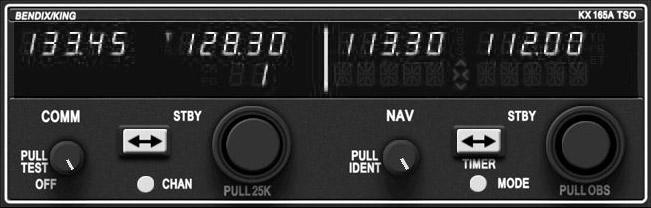KX 165A Nav/Comm Radio Active Comm Frequency Standby Comm Frequency Active Nav Frequency Standby Nav Frequency Comm Frequency Transfer Button Comm Frequency Select Knobs Nav Frequency Transfer Button