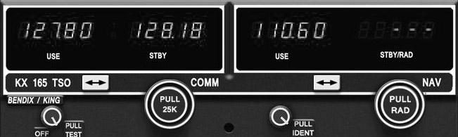 KX 165 Nav/Comm Radio Active Comm Frequency Standby Comm Frequency Active Nav Frequency Standby Nav Frequency / Radial Comm Frequency Transfer Button Comm Frequency Select Knobs Nav Frequency