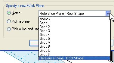 34 On the Basics design bar, click Roof > Roof by Extrusion. 35 In the Work Plane dialog box, select Roof Shape from the Name list.